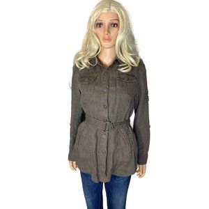 CAbi Utility Sahara Jacket 100% Linen Khaki Brown #856 Size M Button Front Belt
